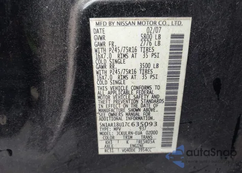 2007 Nissan Pathfinder S из США, поврежденный, VIN 5N1AR18U17C635093